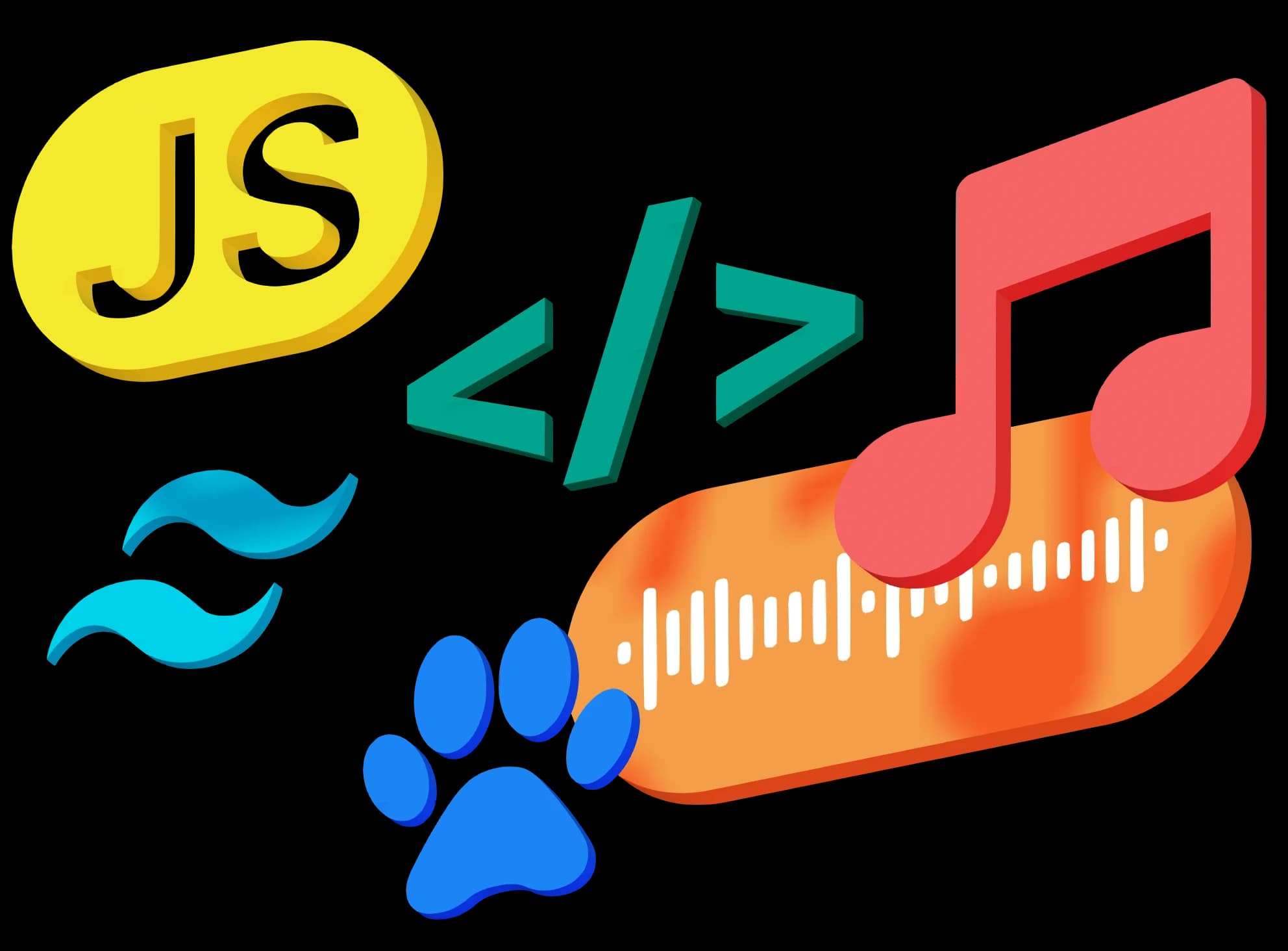 Abstract 3D art image showing a dog paw, a music note, the tailwind wave logo and a yellow floating javascript logo